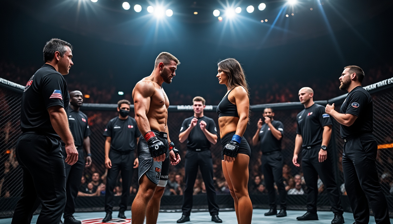 Arbitre de MMA officiant lors d'un combat professionnel dans la cage